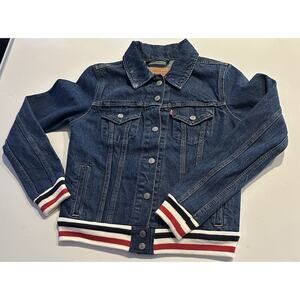 Levi Levi's Levis Womens Medium Wash Denim Jean Jacket Small Blue Striped Cuffs